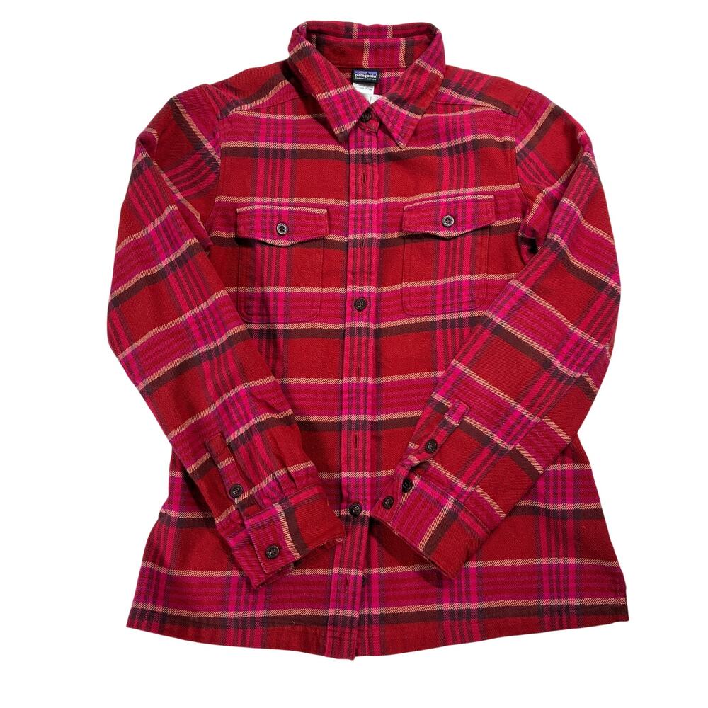 Patagonia Fjord Flannel Shirt Womens 2 Red/Pink Plaid Long-Sleeve Organic Cotton